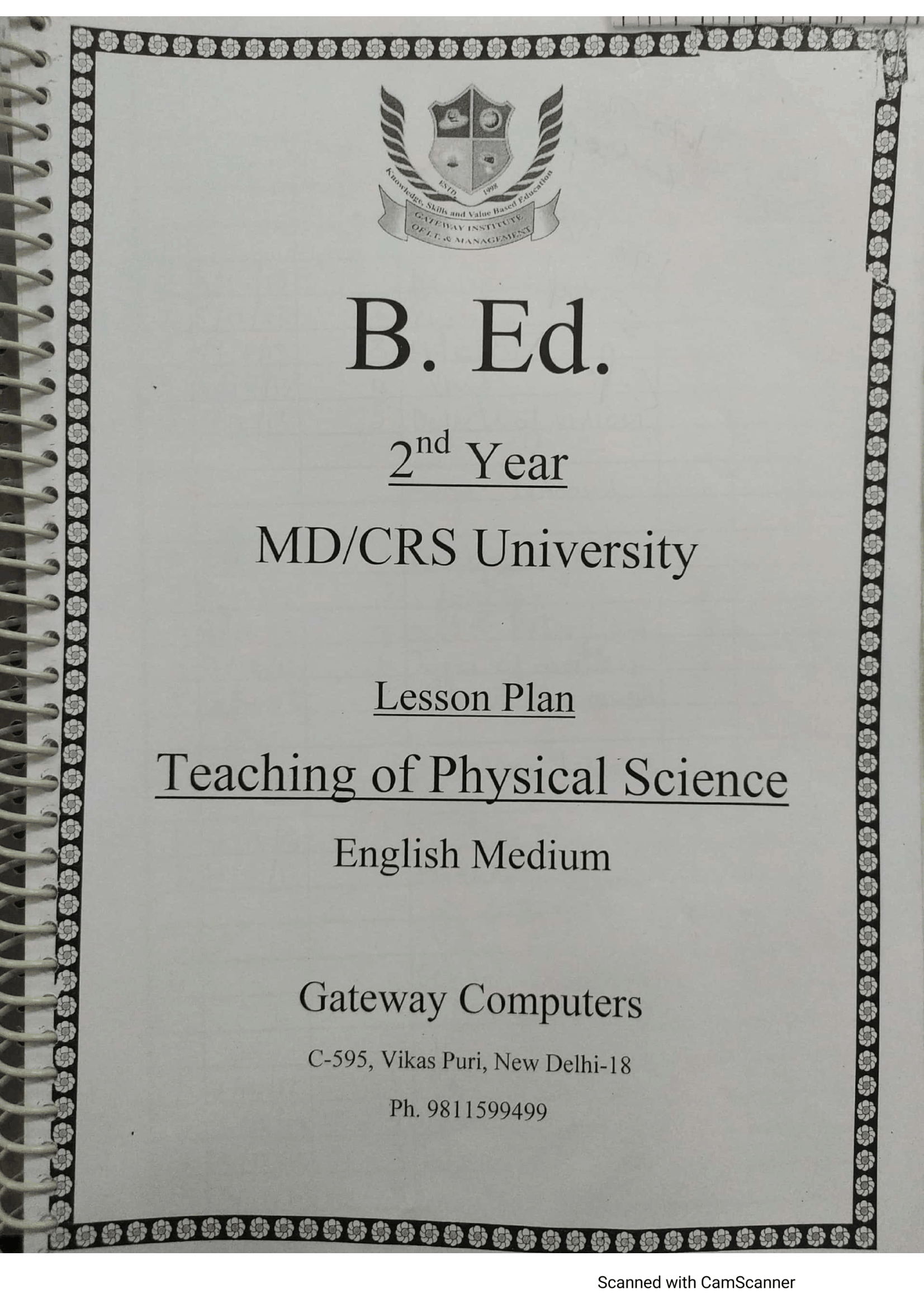 B.Ed 2nd year Teaching of Physical Science lesson plan front page MD CRS University English medium