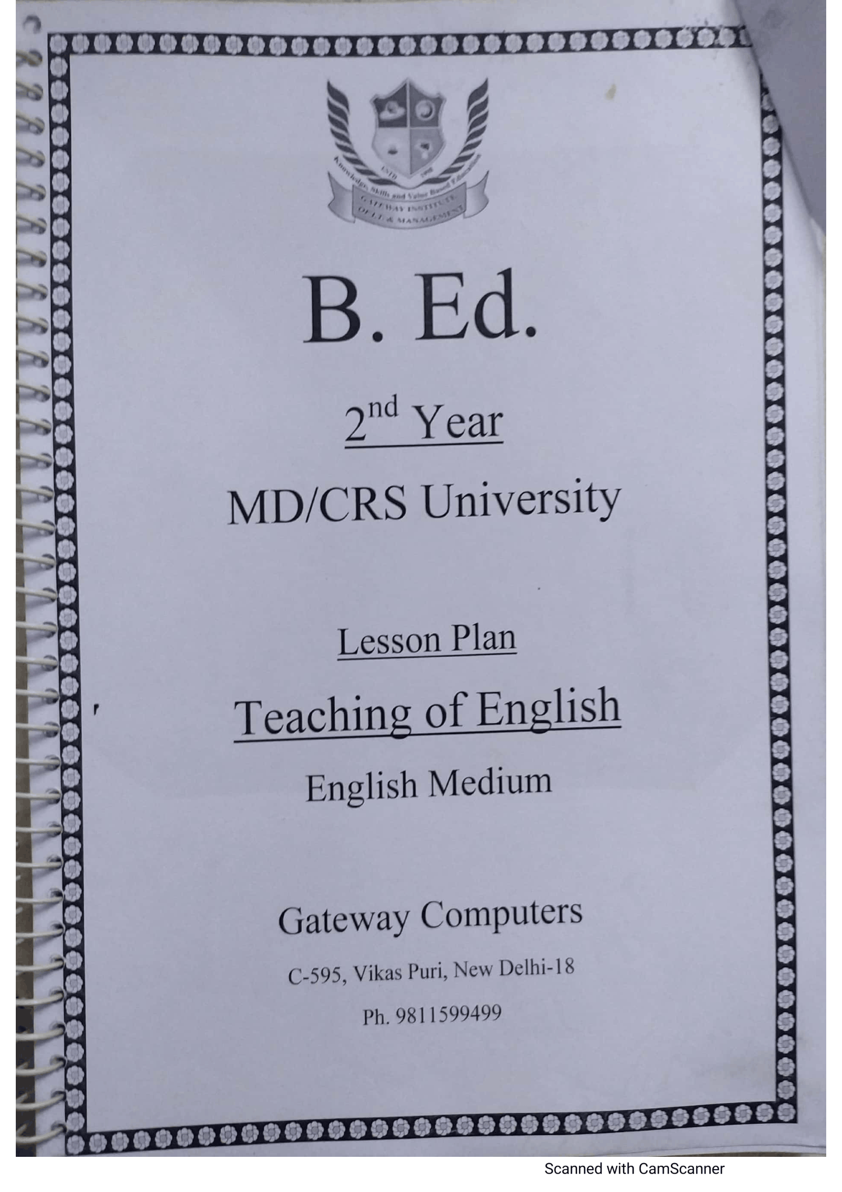 B.Ed 2nd year Teaching of English lesson plan front page MD CRS University English medium