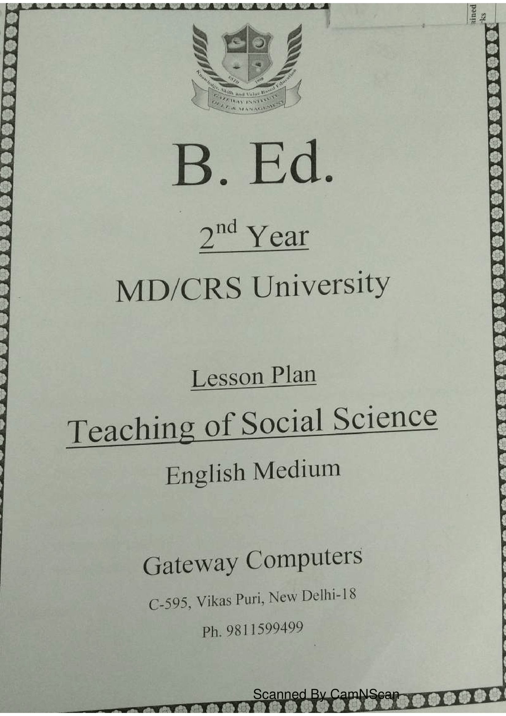B.Ed 2nd year Teaching of Social Science lesson plan front page MD CRS University English medium