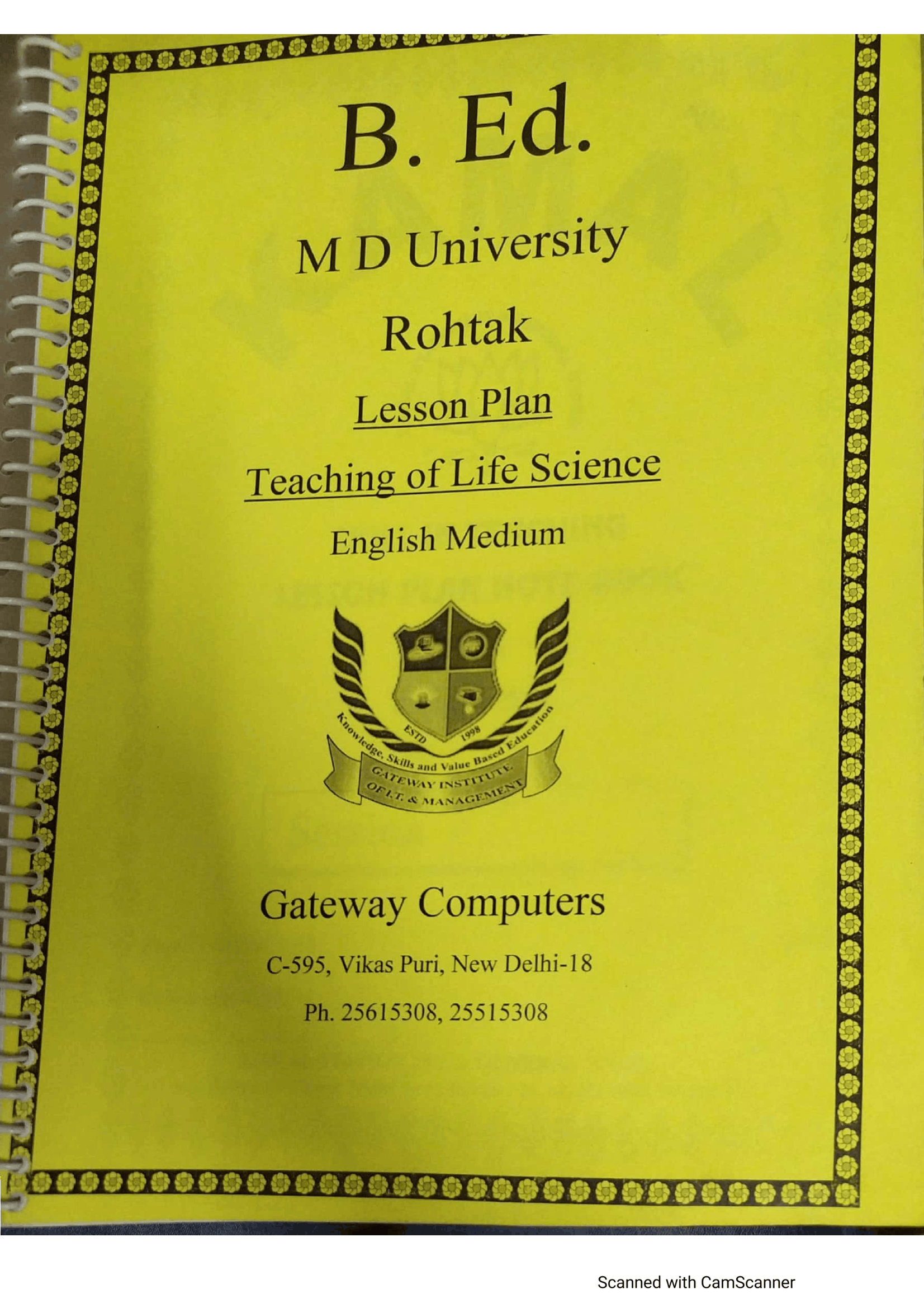 B.Ed Teaching of Life Science lesson plan front page M D University Rohtak English medium yellow decorative cover